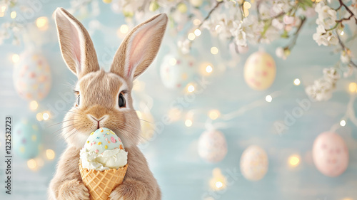 cute bunny holds ice cream cone topped with pastel colored ice cream, surrounded by festive Easter decorations and flowers