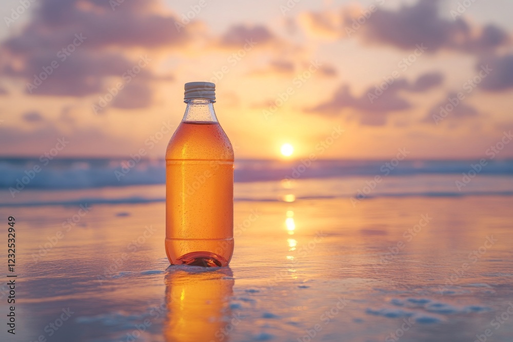 Sunsets and reflections over a bottle of beverage on a tranquil beach Sunsets and reflections over a bottle of beverage on a tranquil beach