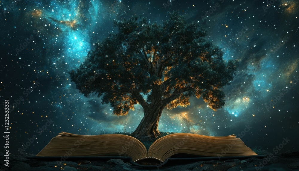 Naklejka premium Celestial Tree Emerging from Open Book Under Starry Night