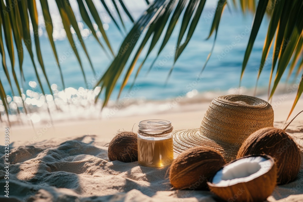 A tropical beach scene with a jar of coconut oil on the sand, su A tropical beach scene with a jar of coconut oil on the sand, su