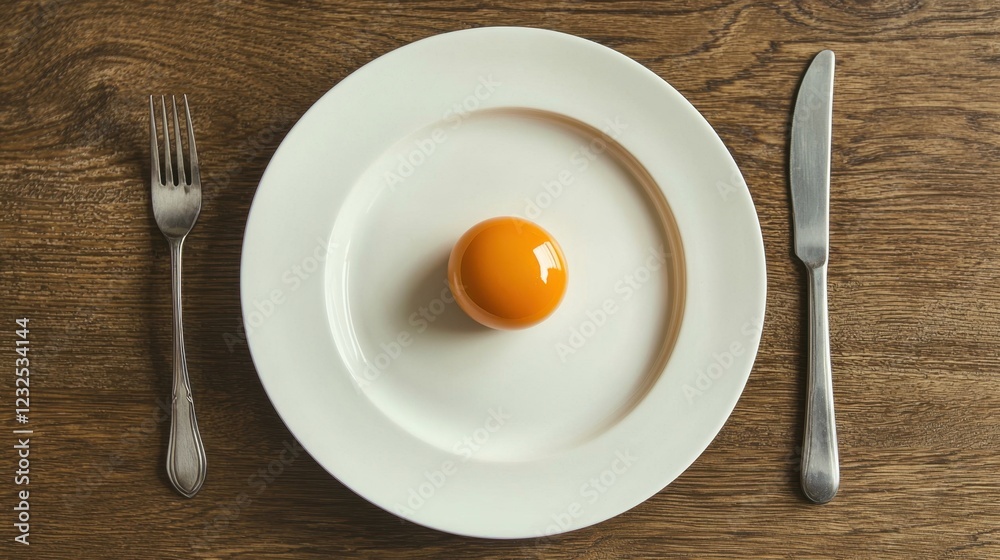 Single Bright Egg Yolk on White Plate Surrounded by Cutlery Single Bright Egg Yolk on White Plate Surrounded by Cutlery