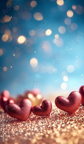 Hearts contribute to a joyful ambiance. Glittering red hearts intermixed with shimmering glitter set a romantic and celebratory tone for events photo