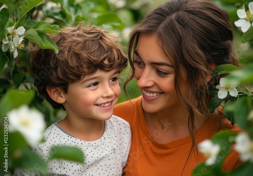 Joyful moment between a mother and her son in a blooming orchard during sprin...