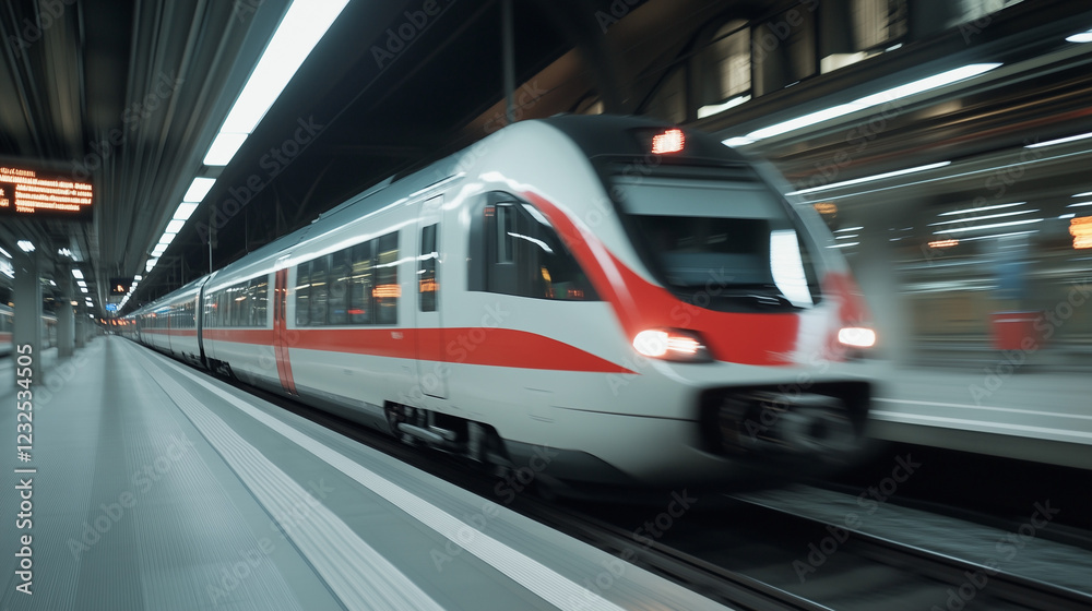 High-Speed Rail: A sleek, modern high-speed train rushes through a station platform, leaving a blur of motion as it speeds towards its destination. High-Speed Rail: A sleek, modern high-speed train rushes through a station platform, leaving a blur of motion as it speeds towards its destination.
