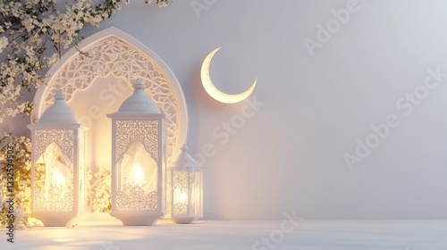 Illuminated lanterns, crescent moon, and floral archway; Ramadan celebration background