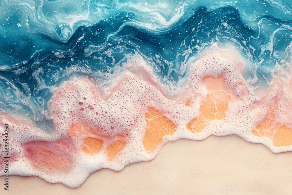 Obraz premium Waves crashing onto a sandy beach under sunlight with vibrant blue and pink hues at midday