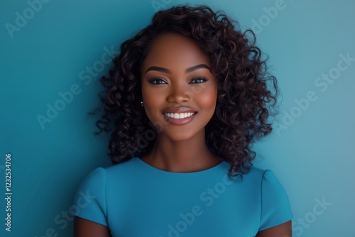 Smiling woman with curly hair dressed in blue against a solid background