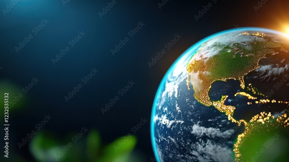 Fototapeta premium Futuristic digital network grid enveloping the glowing planet Earth symbolizing global interconnectivity technological advancement and sustainable progress in the digital age