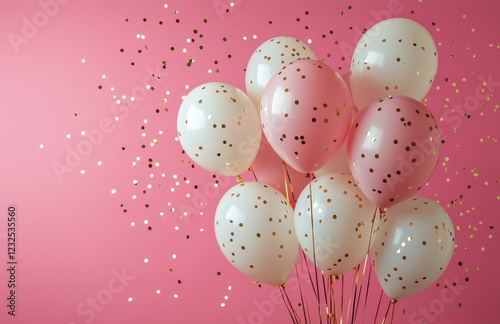 Balloons with golden confetti create a festive atmosphere for celebrations in...