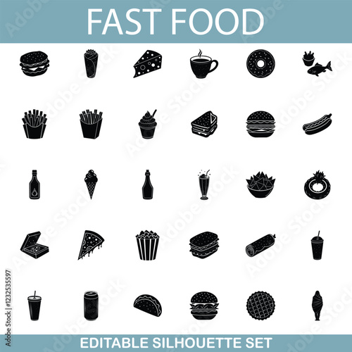Fast Food Icons Editable Silhouette Set of Junk Food