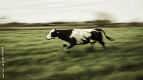 Black and white cow running in a field photo