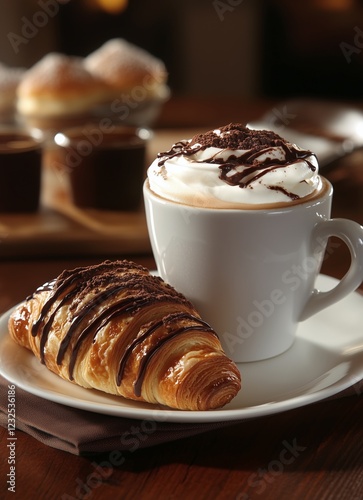 Delightful hot chocolate with whipped cream and chocolate croissant on a cozy...