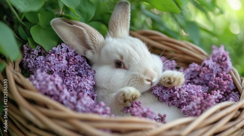White rabbit resting in a basket surrounded by blooming lilacs on a sunny day