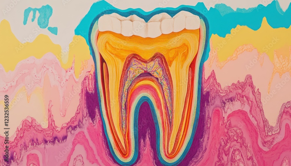 Fototapeta premium Vibrant Cross-Section of a Tooth in Abstract Landscape