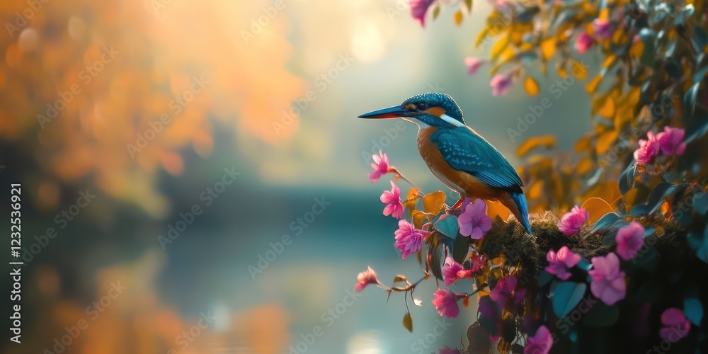 Kingfisher perched on flowering branch, serene lake background, nature wallpaper Kingfisher perched on flowering branch, serene lake background, nature wallpaper
