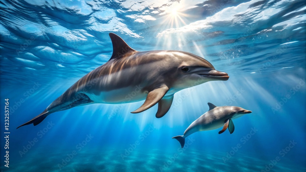 Graceful Dolphins Swimming Underneath Clear Sunlit Water Surface Graceful Dolphins Swimming Underneath Clear Sunlit Water Surface