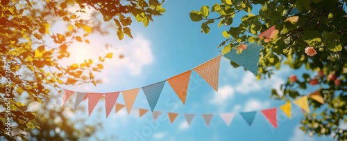 Colorful bunting flutters in the breeze at a sunny outdoor celebration