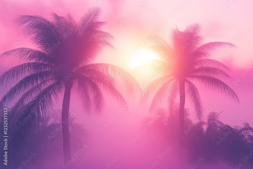 Vibrant sunrise behind palm trees creating a misty tropical atmosphere Vibrant sunrise behind palm trees creating a misty tropical atmosphere
