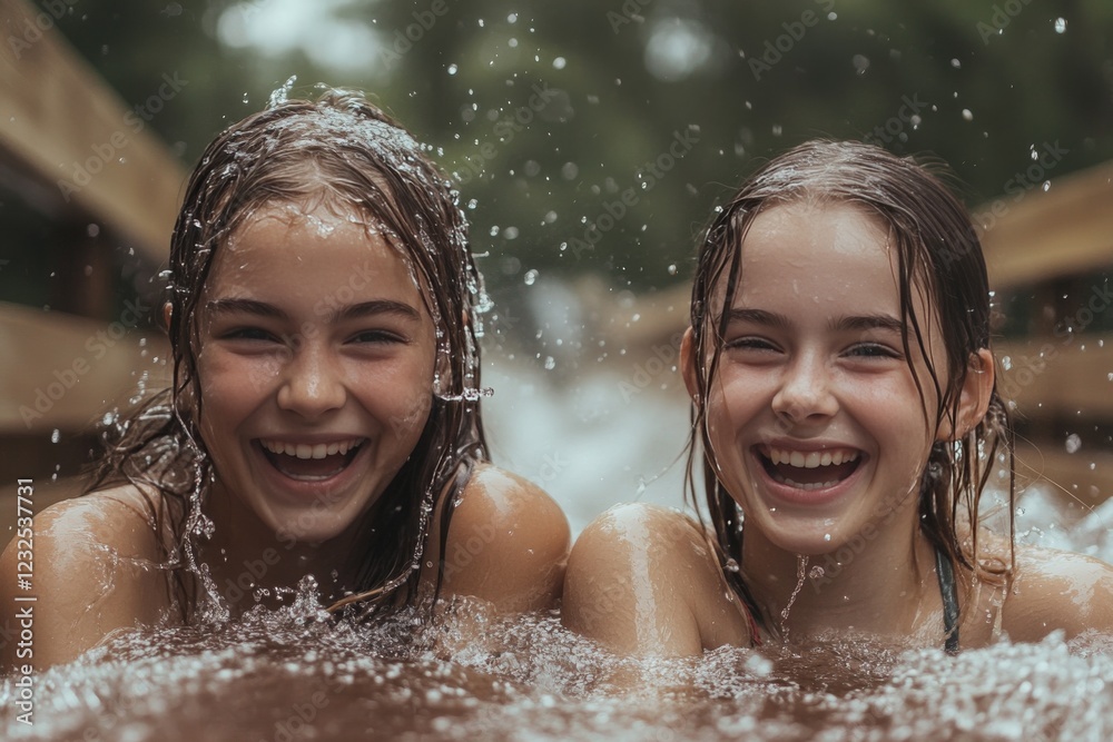 Obraz premium Joyful girls enjoying a splash in the water on a sunny afternoon in a lush forest setting