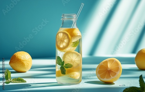 Refreshing lemon drink with mint in clear bottle against blue background