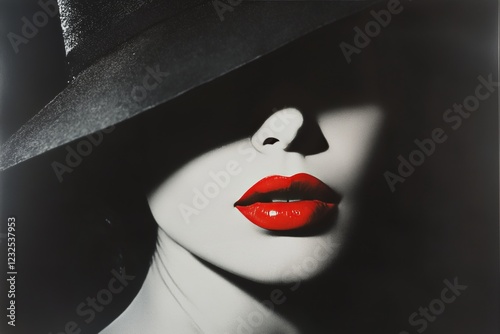 Elegant woman with striking red lips wearing a black hat with dramatic lighting