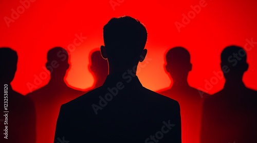 Silhouettes on a bold red background, emphasizing insider threat detection, highlighting a suspect f