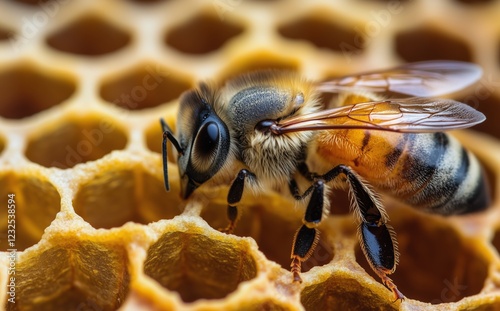 Close-up of a honeybee working on a honeycomb in a beehive during a sunny aft...