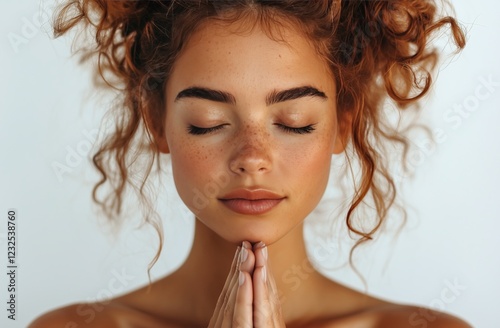 Young woman with curly red hair practicing mindfulness in a serene environment