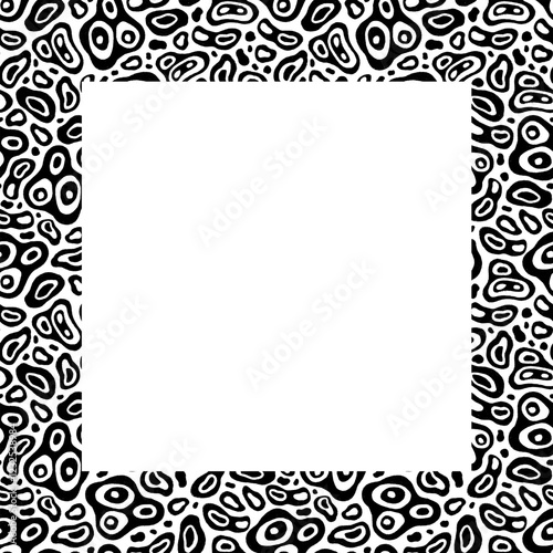 Frame consisting of black random holey spots of irregular shapes of different sizes drawn by hand with a marker with the effect of an old typography