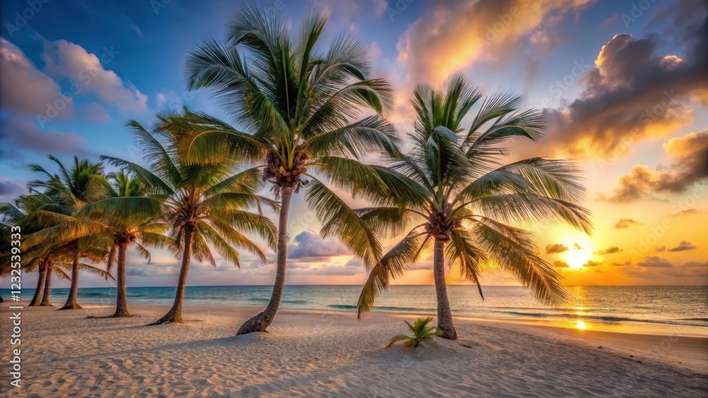 Obraz premium Palm trees swaying gently in the breeze on a sandy white beach at sunset, white sand, sunset, white sand, sunset