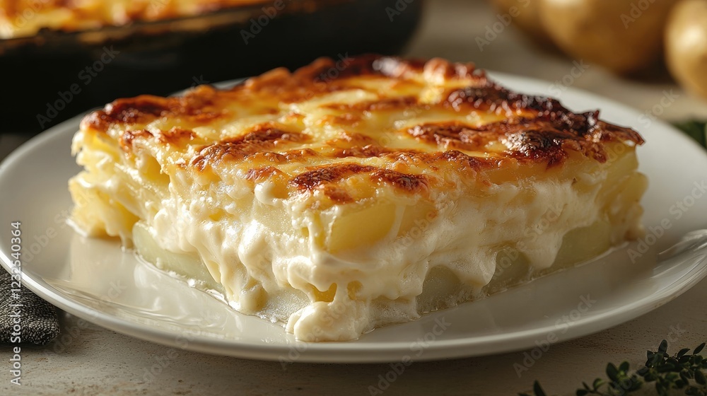 Creamy potato lasagna served on a white plate with a rustic kitchen background Creamy potato lasagna served on a white plate with a rustic kitchen background