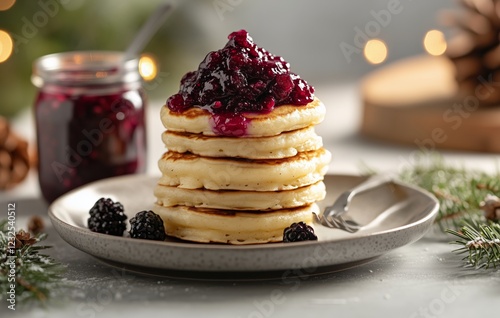 Delicious stack of pancakes topped with berry compote in festive setting