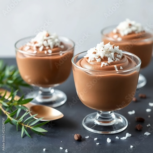 an image of three glasses of chocolate pudding with whipped cream and chocolate sprinkles. photo