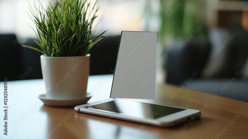 Fototapeta premium Modern Smartphone and Decorative Plant on Wooden Table Surface