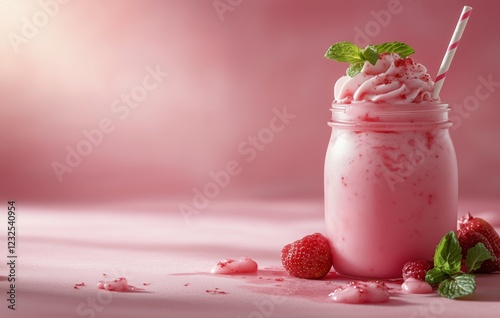 Refreshing strawberry milkshake served in a jar with whipped cream and mint l...