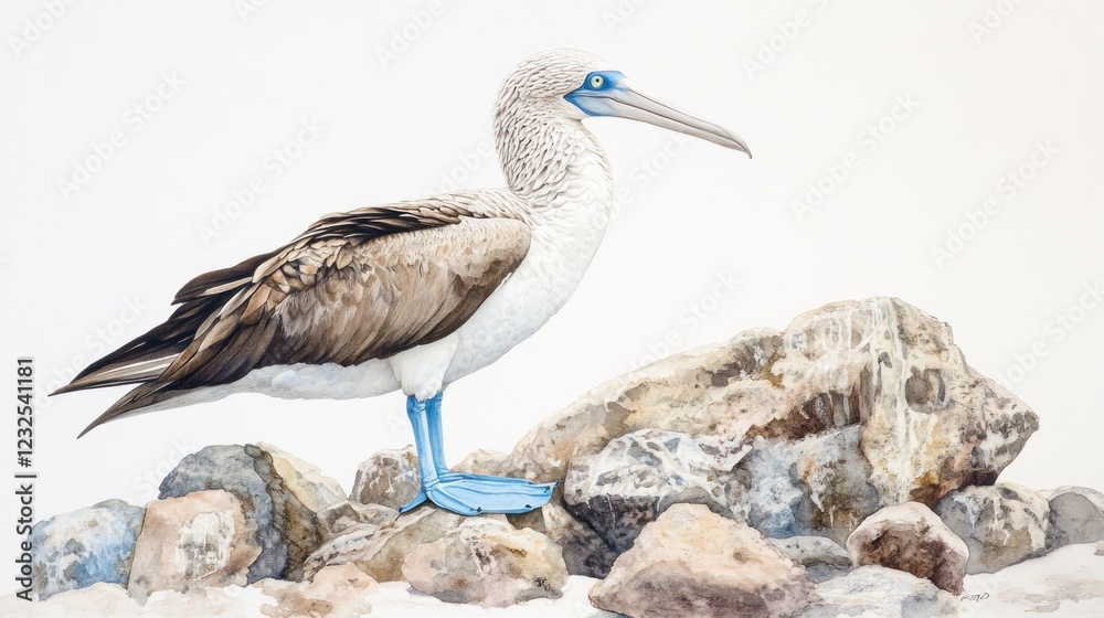 Fototapeta premium Blue-footed booby perched on rocks, coastal habitat, wildlife photography, nature poster