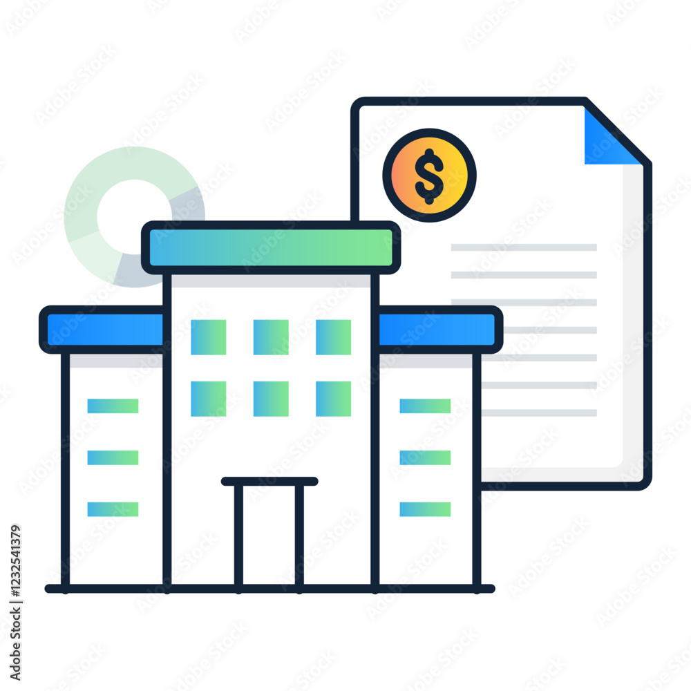 Financial Building with Document Icon. Business Management, Financial Documentation, and Corporate Strategy Illustration.