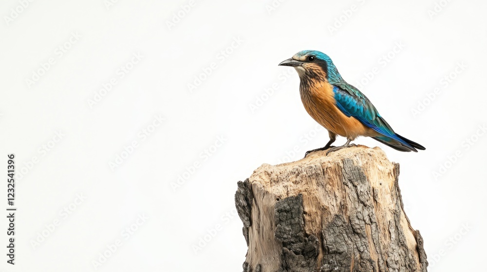 Fototapeta premium Blue-winged bird perched on stump, white background, nature scene, wildlife photography