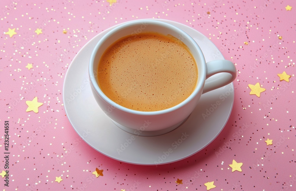 Warm cup of coffee resting on a playful pink surface sprinkled with gold stars Warm cup of coffee resting on a playful pink surface sprinkled with gold stars