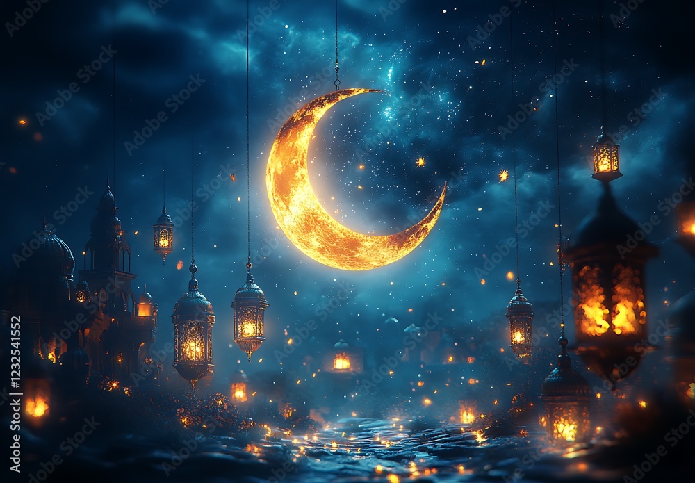 Naklejka premium Floating Lanterns Beneath a Glowing Crescent Moon in a Starry Night Sky