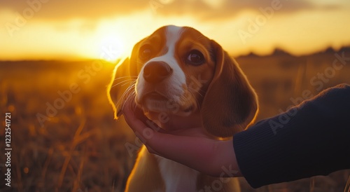 Beagle enjoys sunset with owner in open field on a peaceful evening