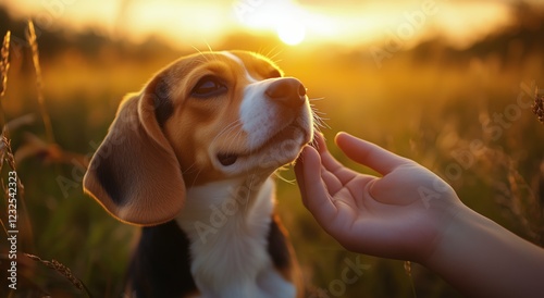 Beagle enjoys gentle touch during sunset in a golden field