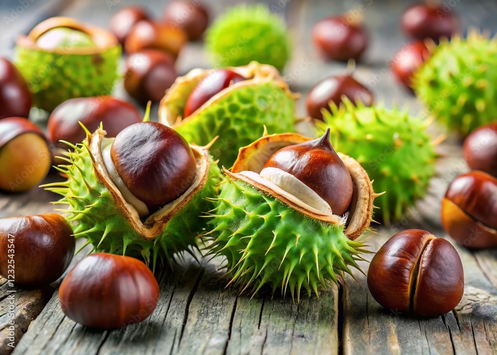 Green Prickly Chestnut Shells with Brown Seeds, Bokeh Background - Autumn Harvest Stock Photo Green Prickly Chestnut Shells with Brown Seeds, Bokeh Background - Autumn Harvest Stock Photo