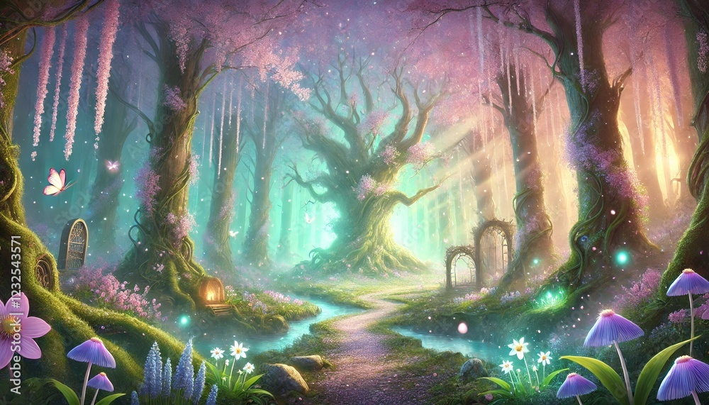 Fototapeta premium Enchanted Spring Forest with Glowing Trees and Mystical Light Beams