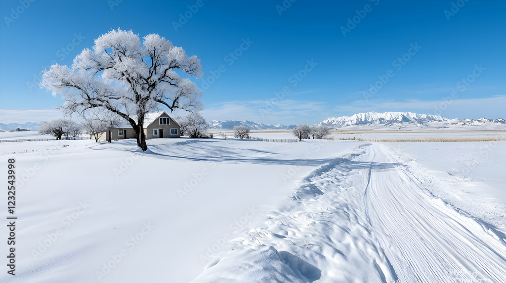Obraz premium Snowy Farm Road, Winter Landscape, Rural Scene, Calm Background