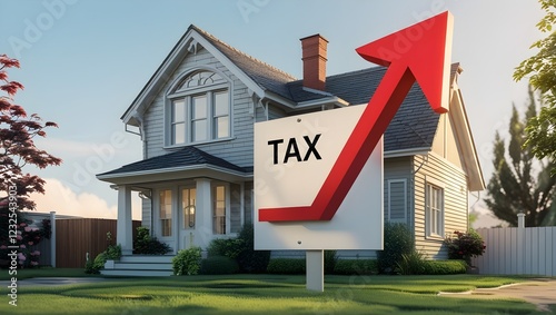 Fototapeta Naklejka Na Ścianę i Meble -  a house with a rising tax sign, concept of property tax rising
