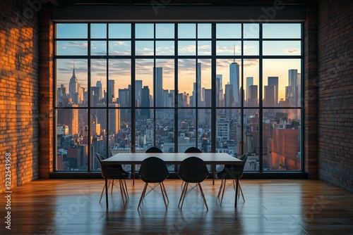 Modern office space with city skyline view during sunset in New York City