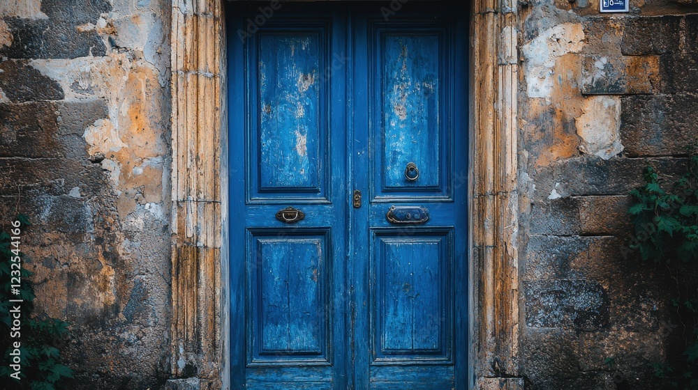 Blue Wooden Door with Weathered Texture and Stone Wall Background Blue Wooden Door with Weathered Texture and Stone Wall Background