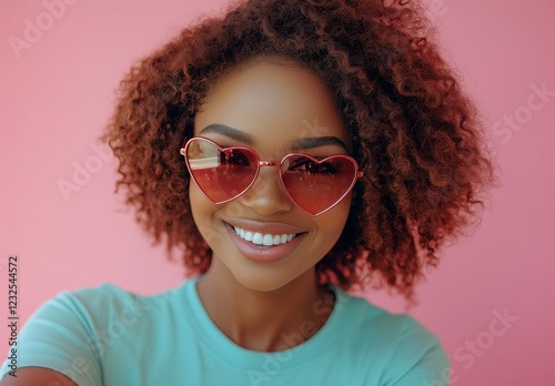 Smiling woman with curly hair wearing heart-shaped sunglasses against a pink ...