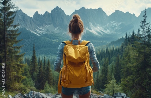 Person standing in nature with a yellow backpack overlooking mountain range i...